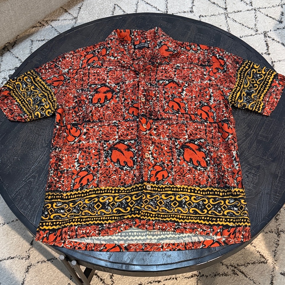 Guess Men's Orange and Black Patterned Button Down Shirt